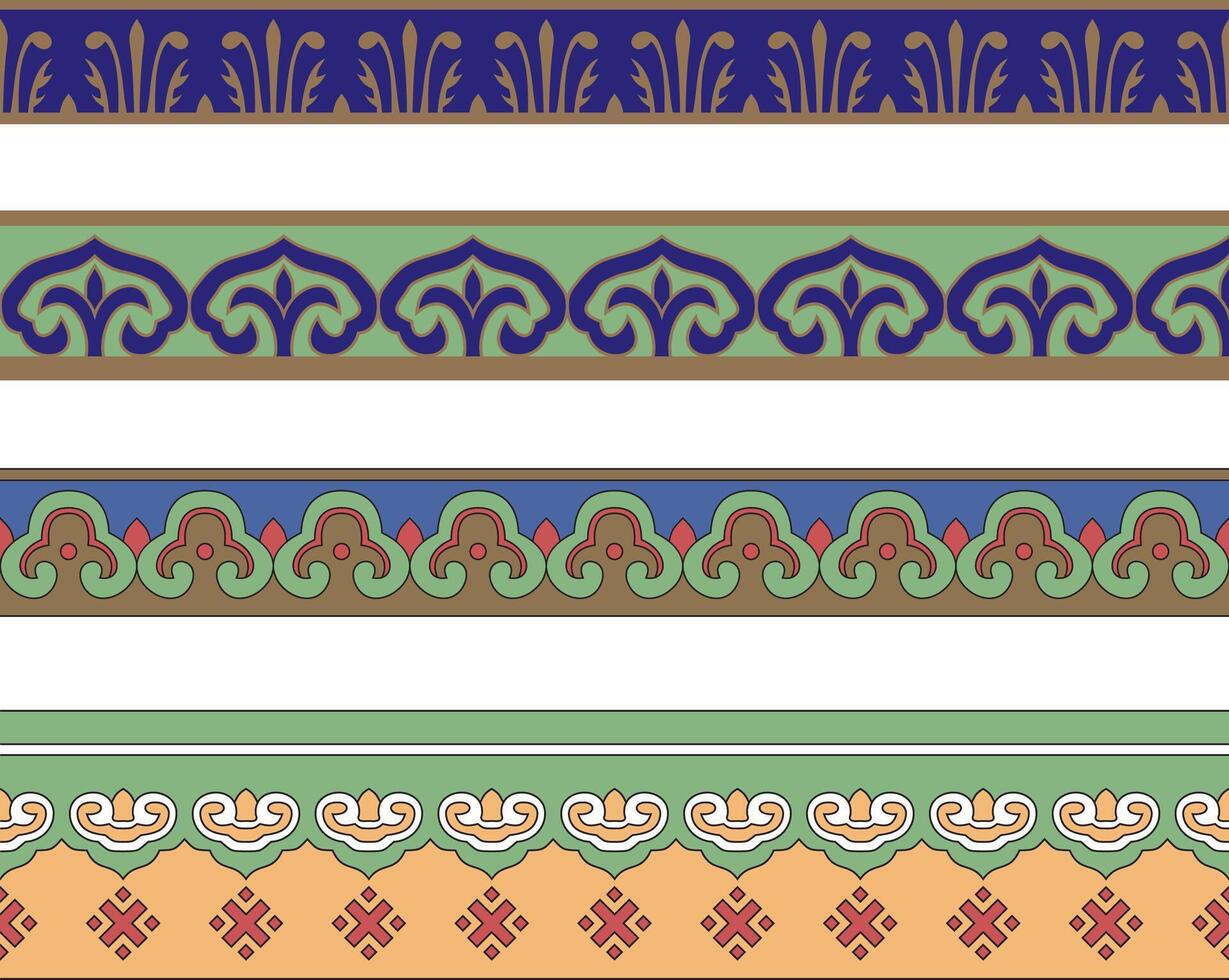 Vector set of seamless Chinese national ornaments. Colored endless Asian patterns, patterns and frames. Home decoration, carpets and ceramics