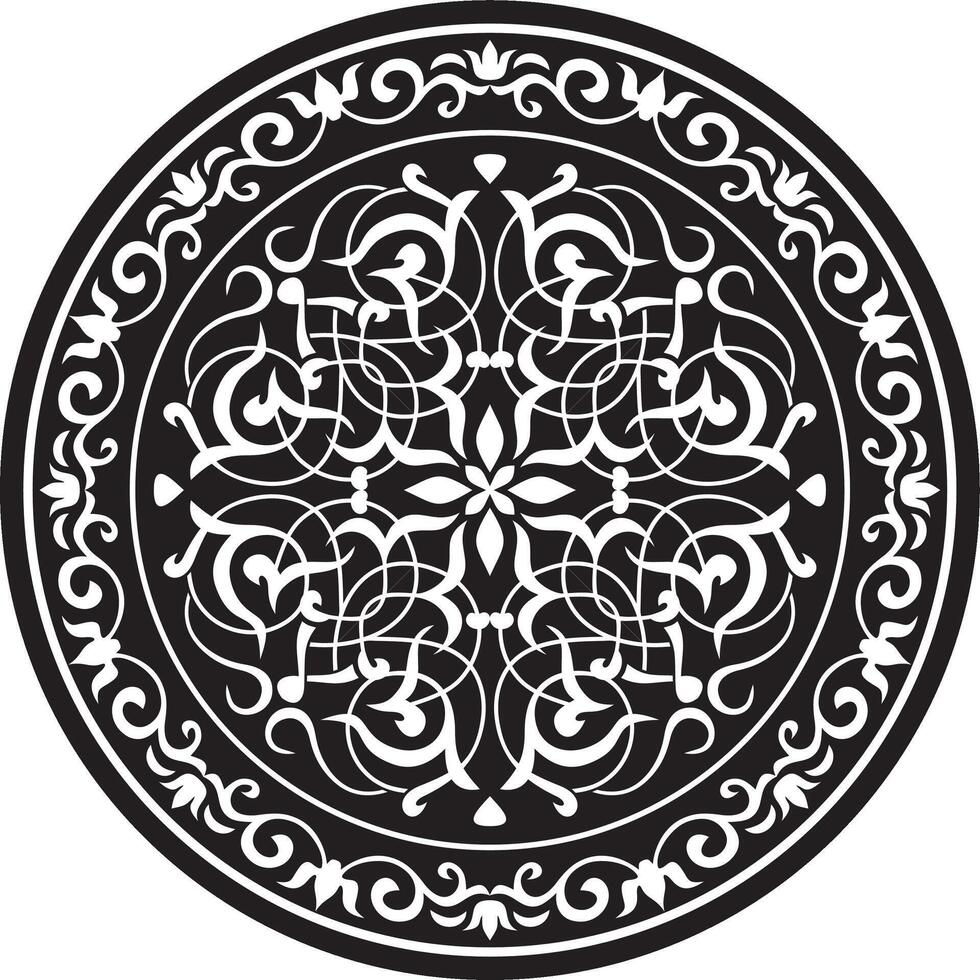 Vector round floral monochrome classic ornament. Greek meander. Patterns of Greece and ancient Rome. European border in a circle. White on black background