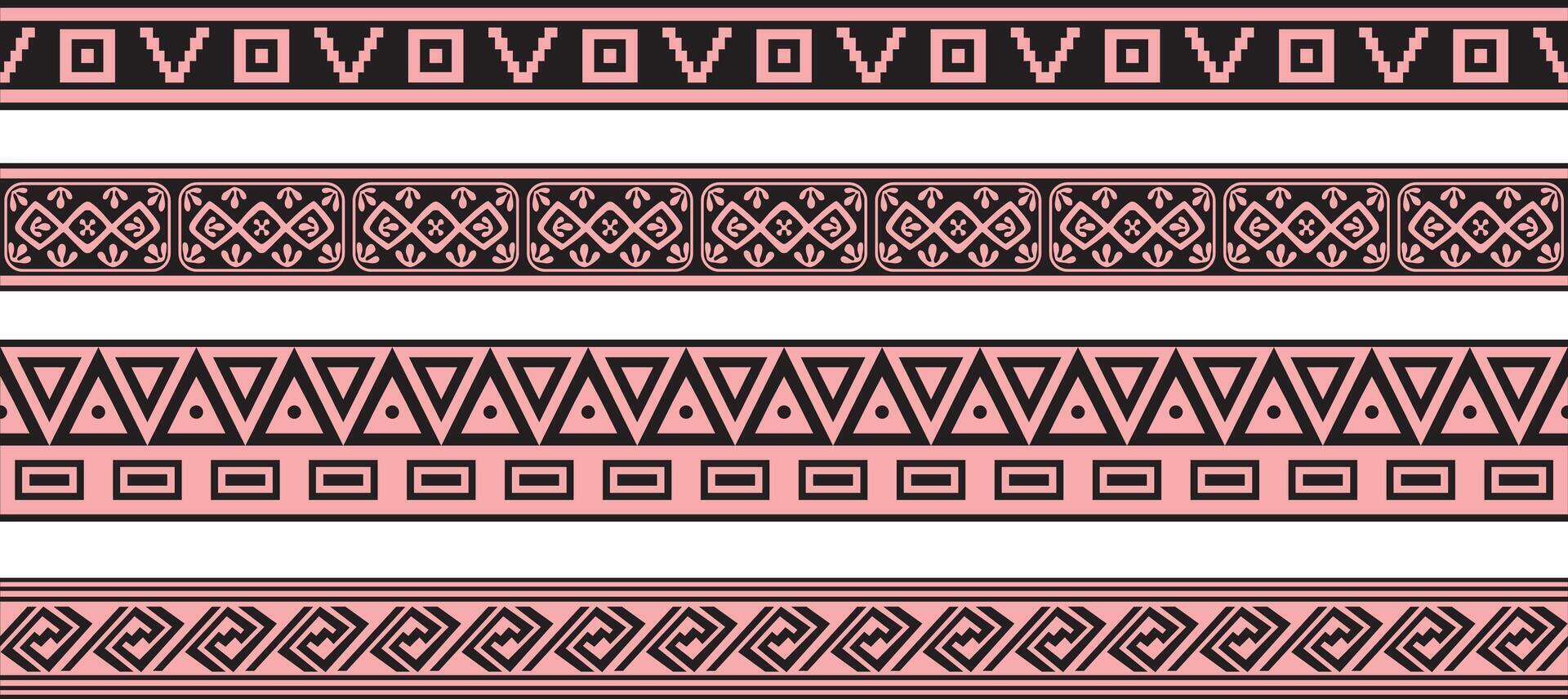 Vector set of pink and black Native American ornamental seamless borders. Framework of the peoples of America, Aztecs, Maya, Incas