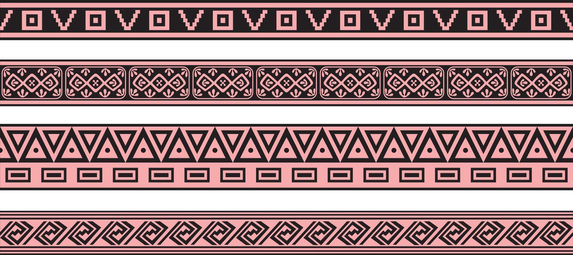 vector conjunto de rosado y negro nativo americano ornamental sin costura fronteras marco de referencia de el pueblos de America, aztecas, maya, incas