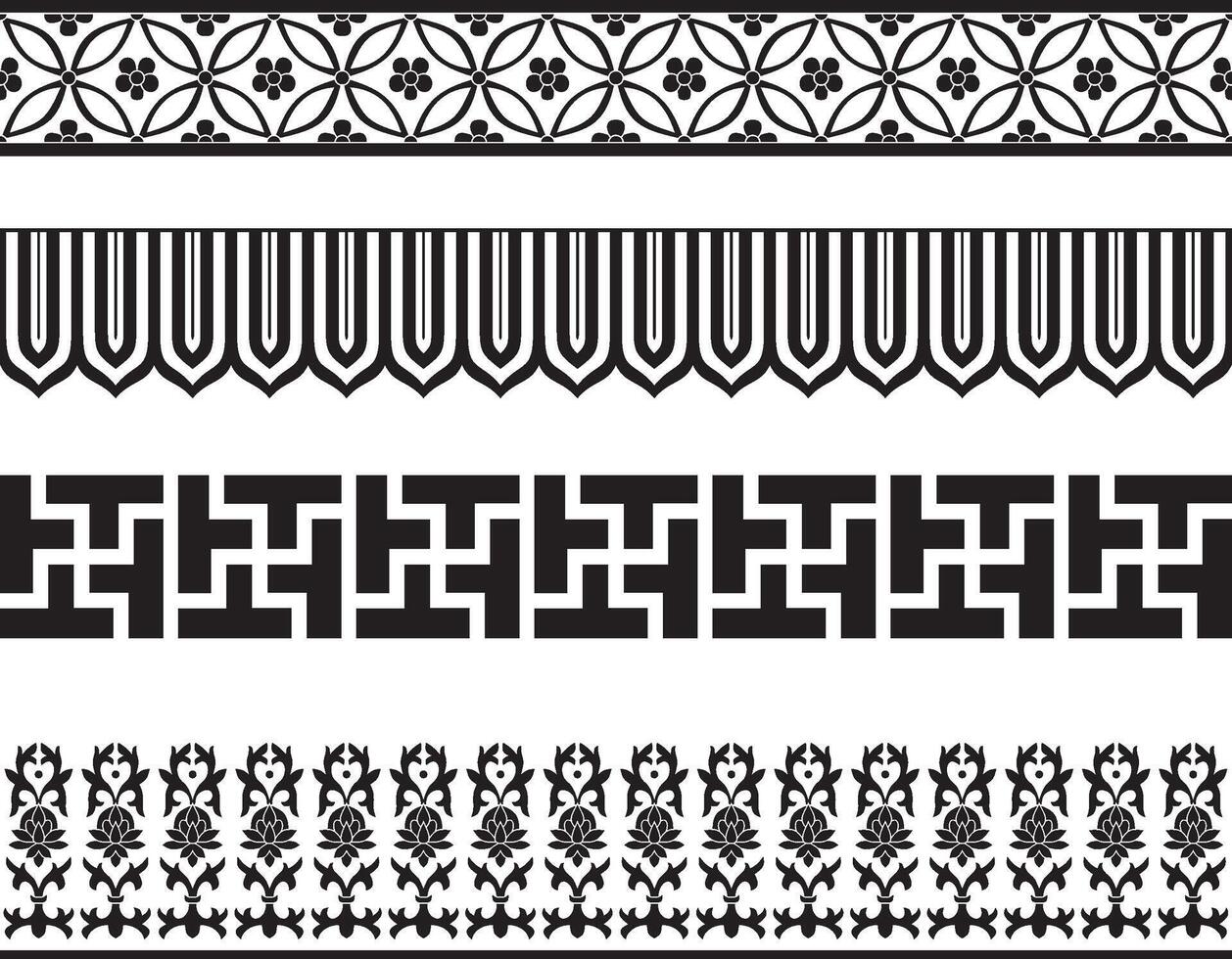 Vector set of seamless monochrome Chinese ornaments. National drawing of the peoples of the east. Asia borders and frames