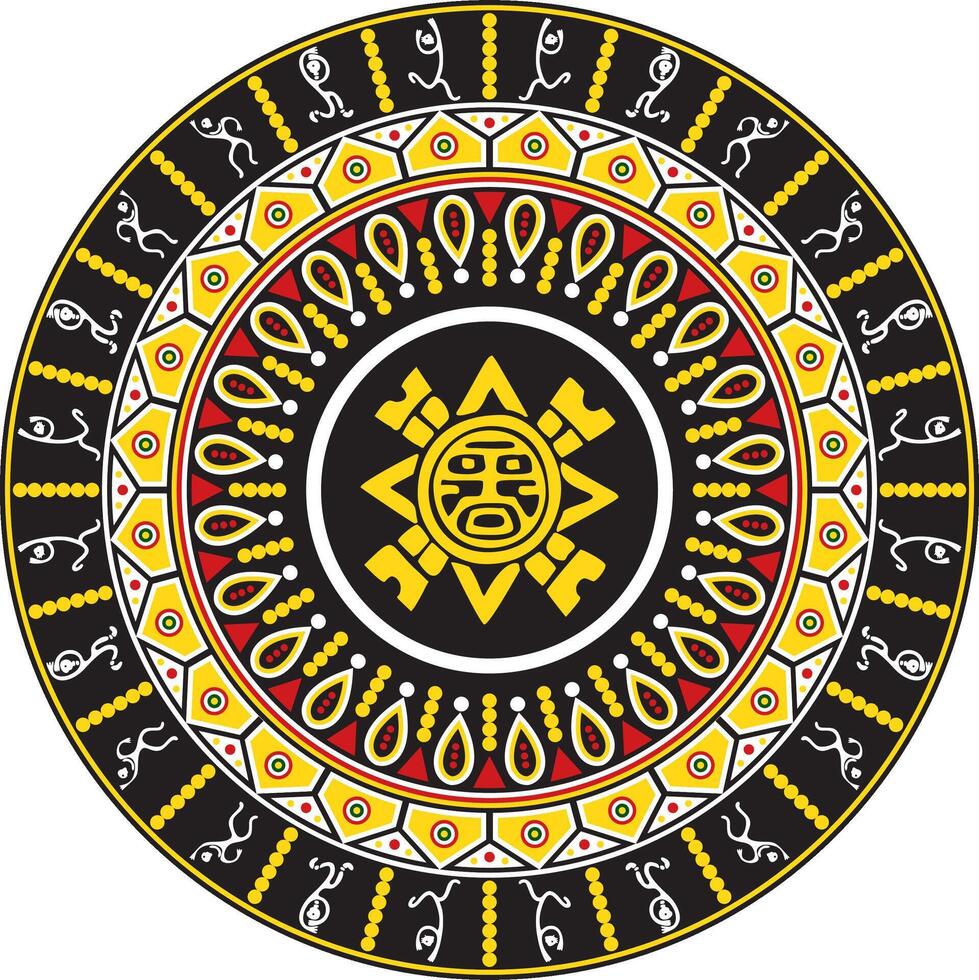 Vector colored round native american ornament. Circle with dancing men. Pattern of the peoples of Central and South America, Aztecs, Maya, Incas.