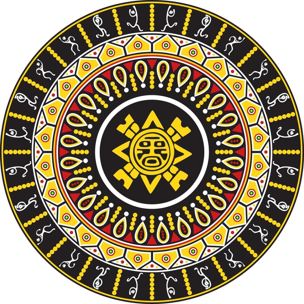 Vector colored round native american ornament. Circle with dancing men. Pattern of the peoples of Central and South America, Aztecs, Maya, Incas.