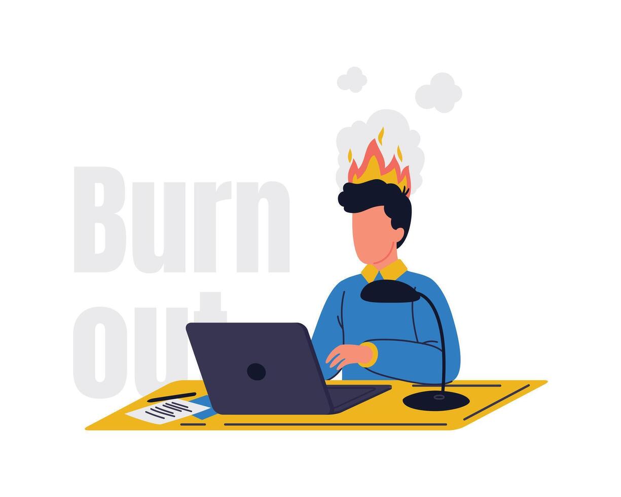 A businessman with fire on his had. Professional burnout syndrome, Exhausted employees at work. Business concept of overload and fatigue vector illustration