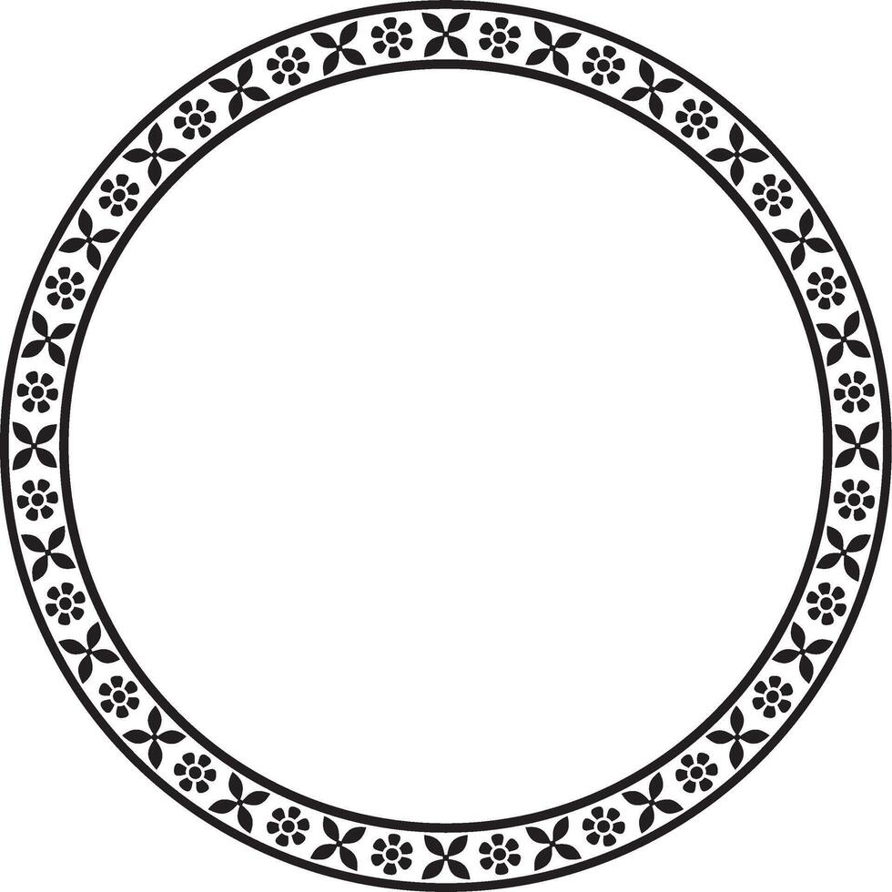 Vector round monochrome black Indian national ornament. Ethnic plant circle, border. Frame, flower ring. Poppies and leaves