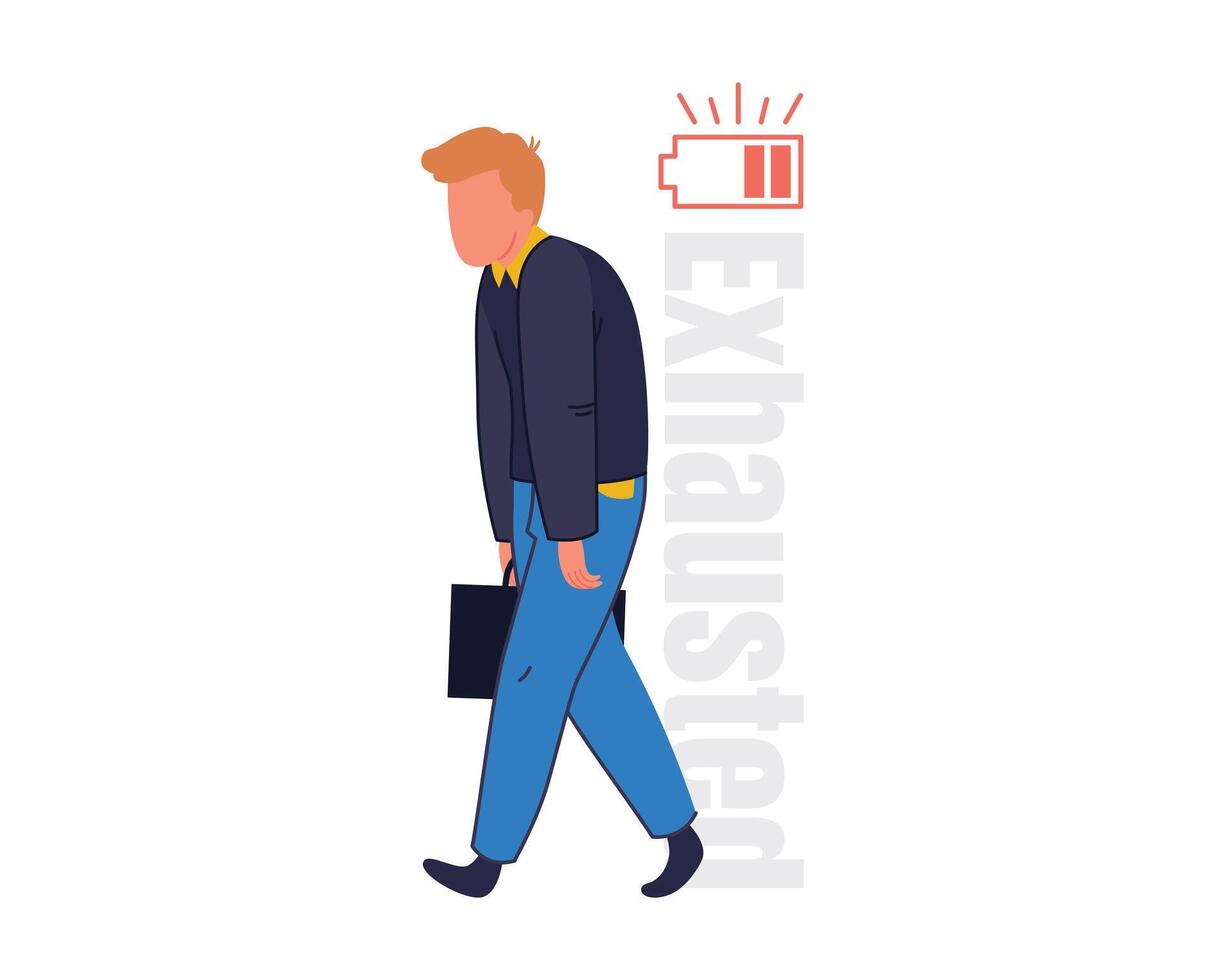 Low energy and tiredness concept. Young stressed tired businessman walking with briefcase and low battery feeling down vector illustration