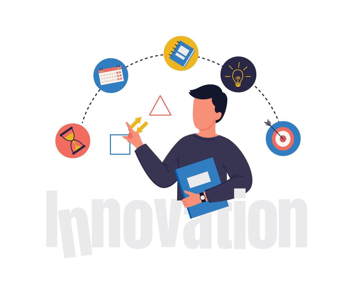 hombre de negocios rodeado con negocio proceso icono innovación concepto. empresario trabajando con nuevo puesta en marcha proyecto. plano estilo vector ilustración