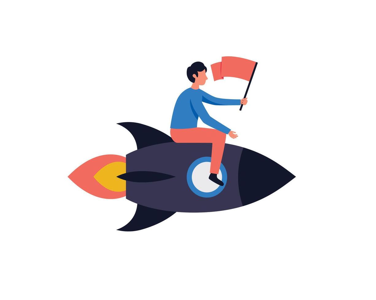 Business Man Riding Rocket while holding red flag cartoon Illustration.Business people with technology concept . Flat Cartoon Style vector design