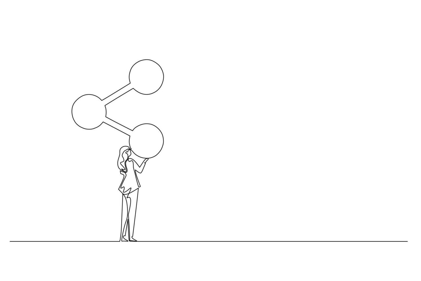 Continuous line drawing of a young female analyzing molecular structure. Woman in suit looking a at chemical diagram. Business person studies complex compounds for success vector illustration.