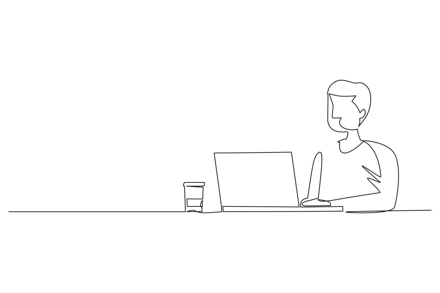 continuo línea dibujo de joven empresario se sienta en frente de un ordenador portátil y un taza de café. empleado pensando pensativo en frente de ordenador portátil monitor. negocio concepto y ilustración soltero línea dibujo vector