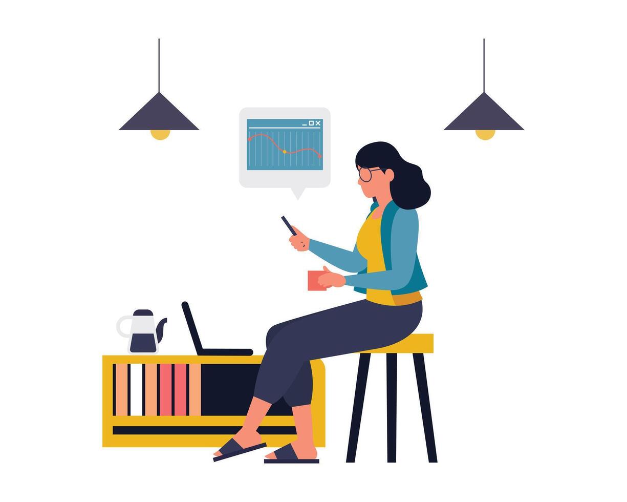 mujer de negocios tener un taza de café y mirando a el ventas datos en un teléfono inteligente y ordenador portátil computadora en el lugar de trabajo. negocio administración vector ilustración diseño
