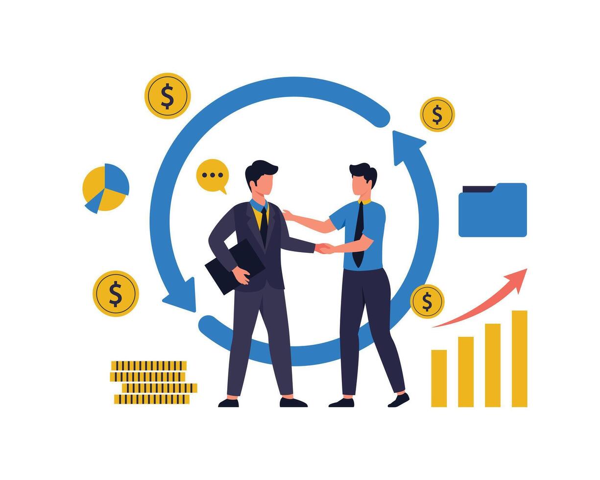 Two business partners are shaking hands. The investor investing money to idea and startup. Partnership and deal concept. Modern vector illustration.