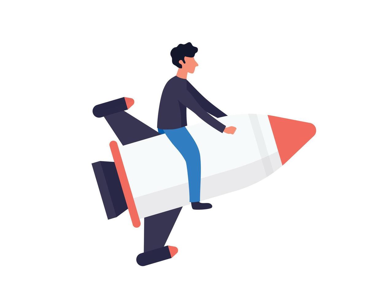 Business Man Riding Rocket cartoon Illustration. People Technology concept Isolated. Flat Cartoon Style vector design