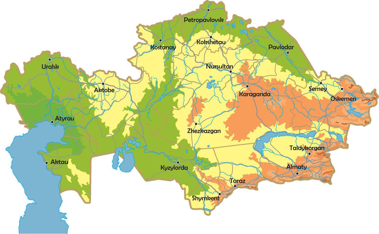 Vector physical map of Kazakhstan. Color map, mountains and plains, rivers and lakes. Major cities, roads and regional boundaries