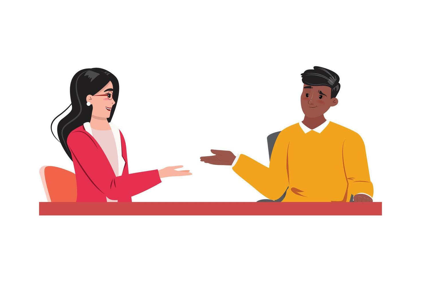 White woman and black man talking to each other and gesticulating with hands vector