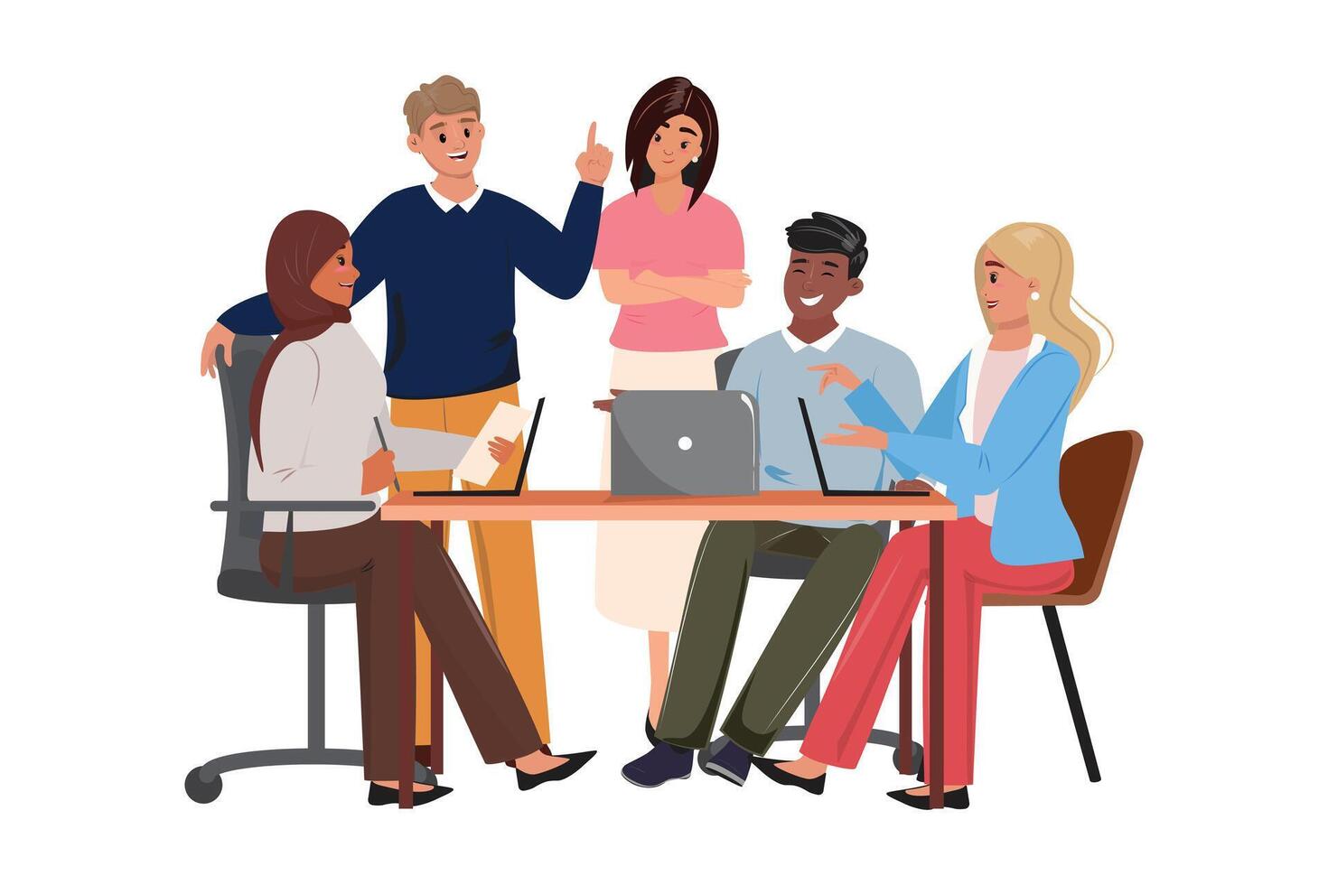 Diverse colleagues unite at the desk, fostering teamwork and dynamic business solutions vector