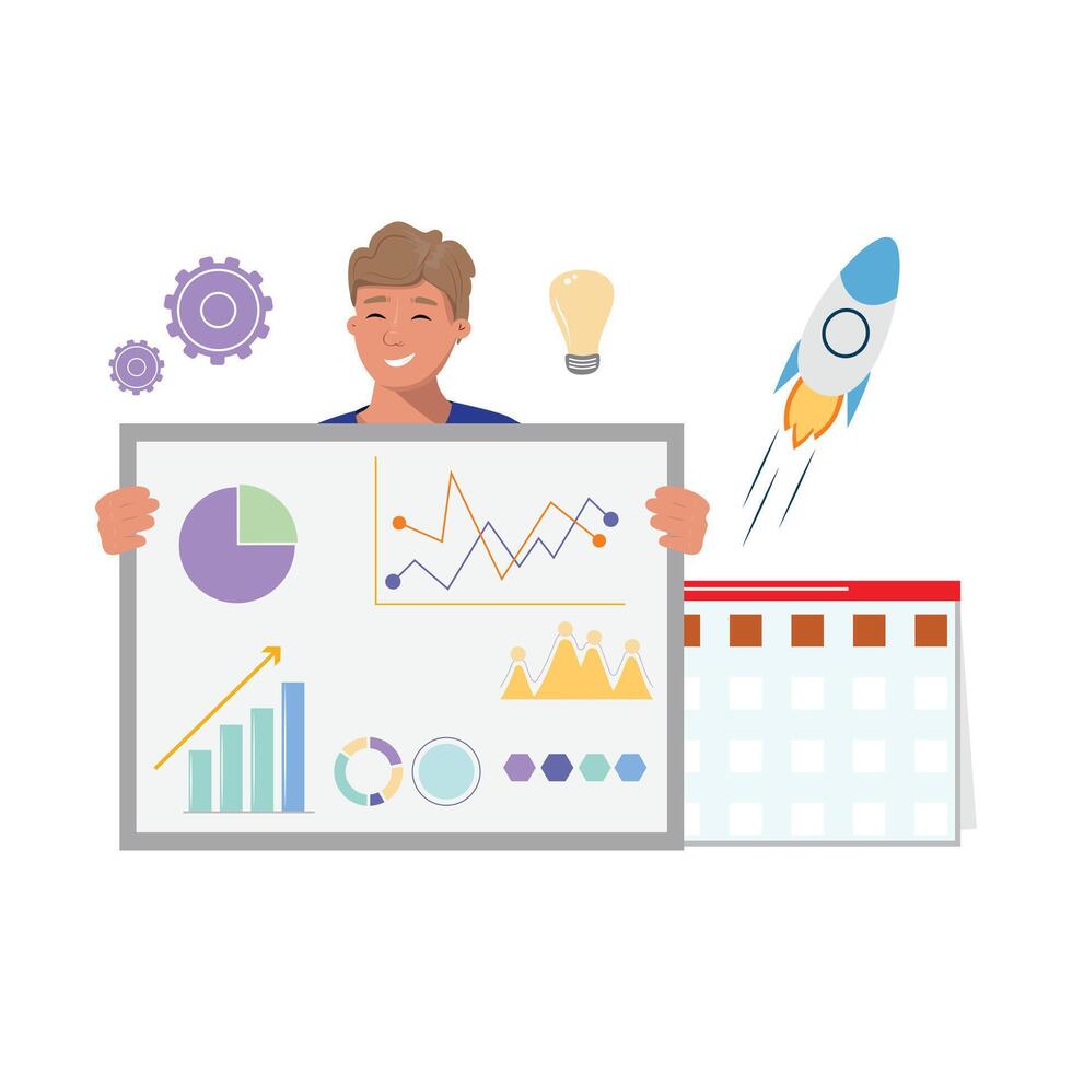 joven hombre participación un tablero adornado con gráficos, datos y análisis simbolizando el lanzamiento de innovador ideas representado por un cohete y ligero bulbo. calendario como un firmar de estratégico sincronización vector