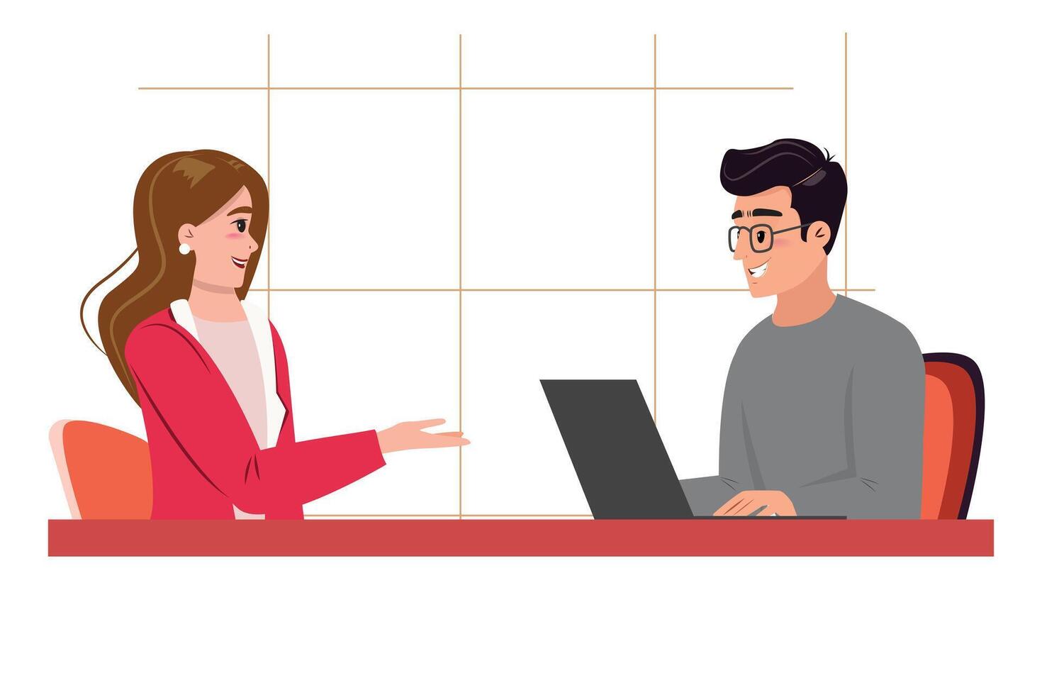 Woman gesticulating with hand and man with a laptop, talking to each other vector