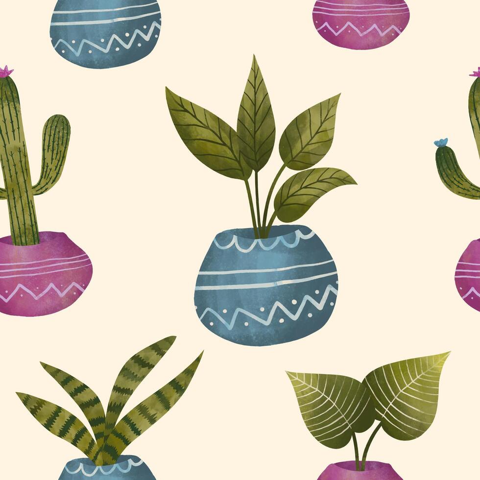 potted plant seamless pattern. botanical illustration, foliage, tropical plant, houseplant for texture, wallpaper design on your project. vector