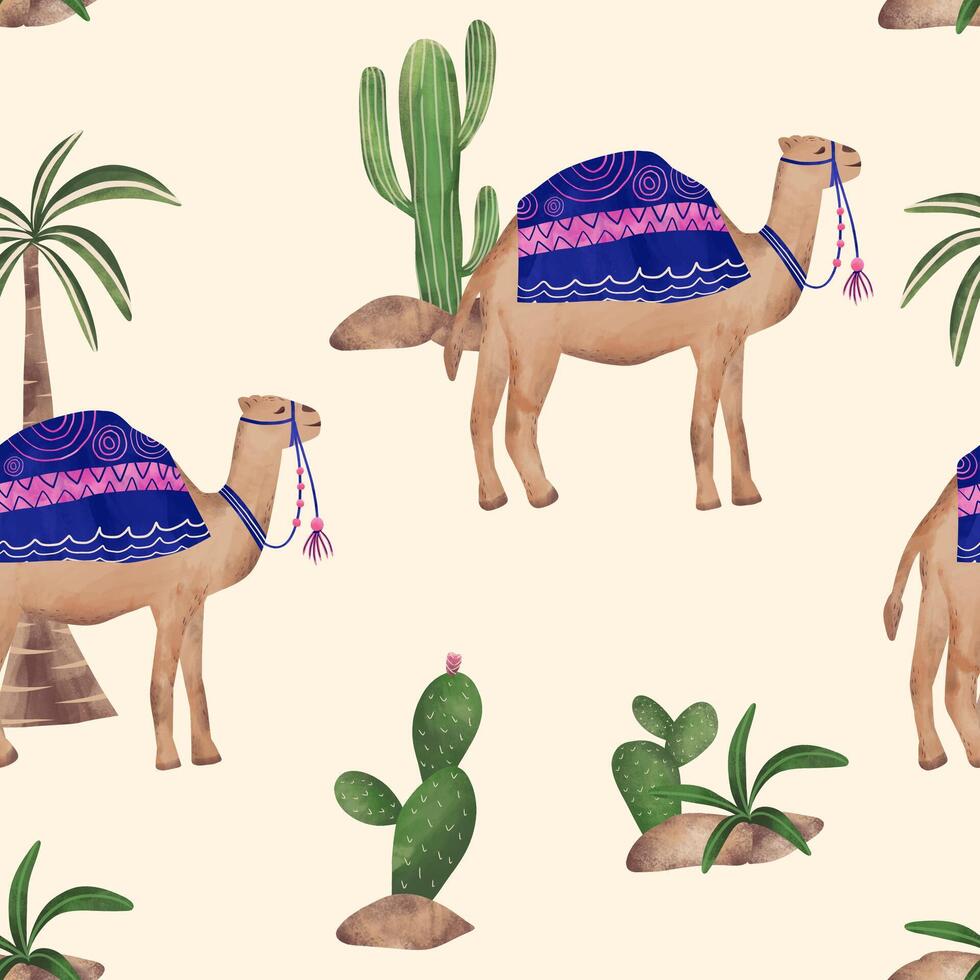 Desert illustration camel, cactus plant and palm tree ornament seamless pattern vector