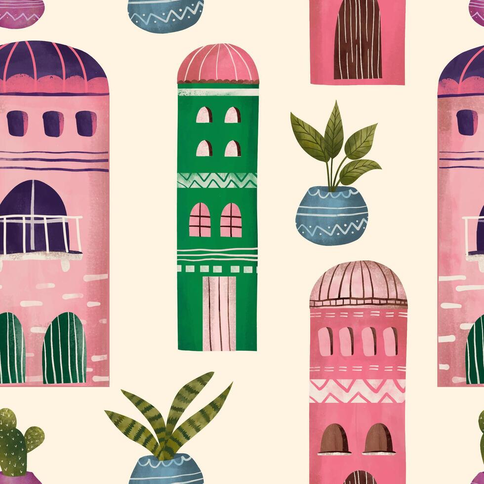 arabic house, mosque and cactus plant cute illustration pattern for background, wallpaper, texture. vector