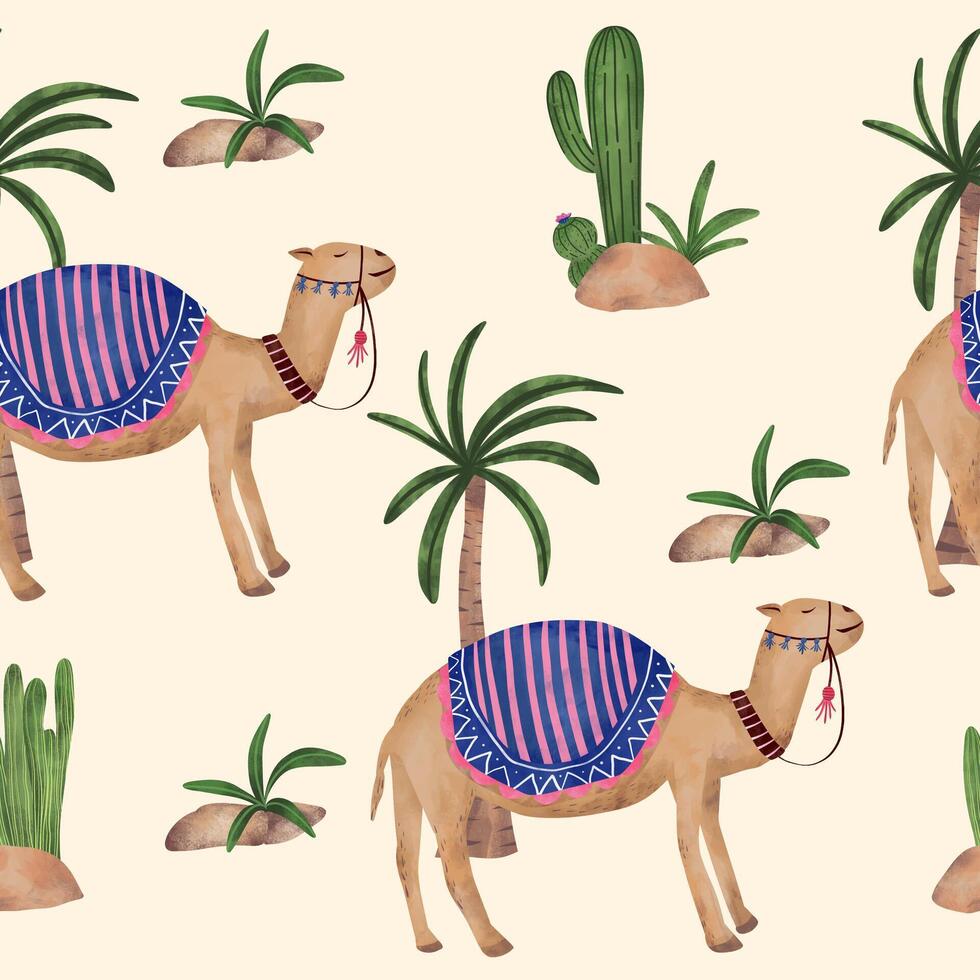 Desert illustration camel, cactus plant and palm tree ornament seamless pattern vector