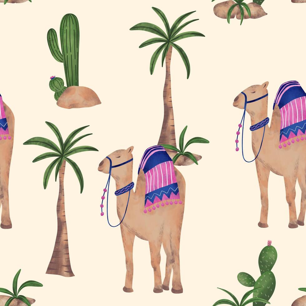 Desert illustration camel, cactus plant and palm tree ornament seamless pattern vector