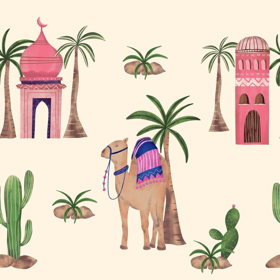 Desierto ilustración camello, mezquita, cactus planta y palma árbol ornamento sin costura modelo. vector