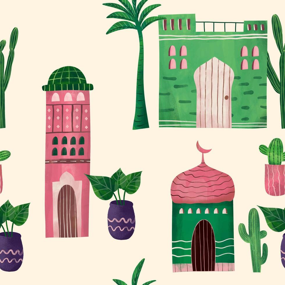 arabic house, mosque and cactus plant cute illustration pattern for background, wallpaper, texture. vector