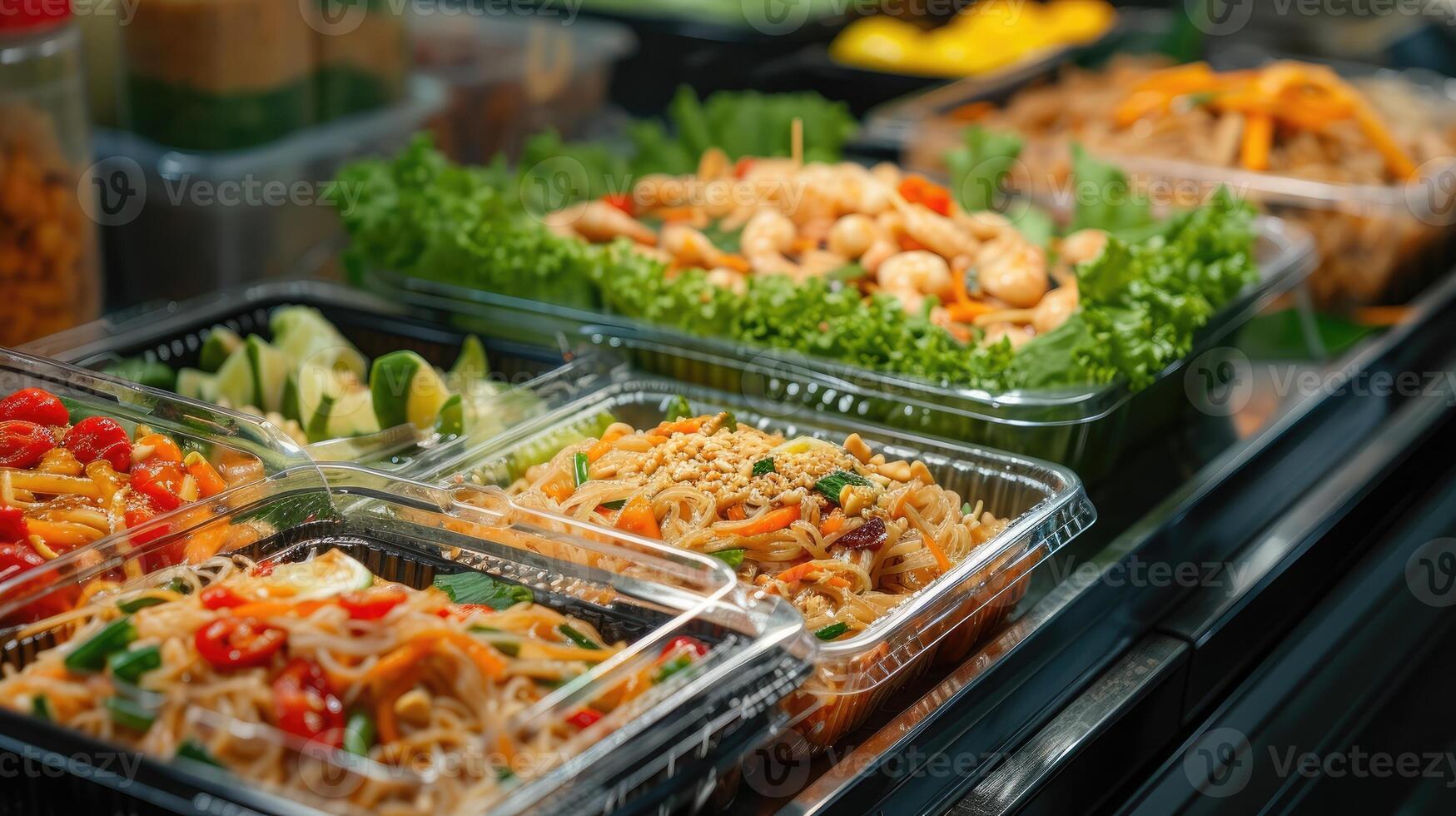 AI generated Modern Thai food lunch boxes in plastic packages, a convenient and delicious option, Ai Generated. photo