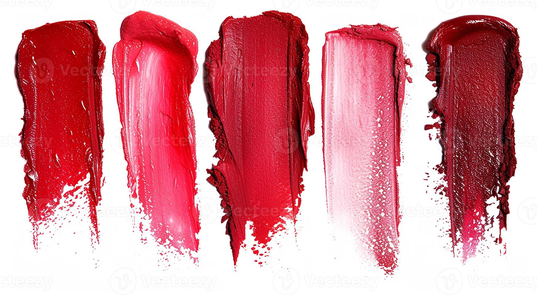 AI generated set of matte lipstick swatches, red and pink shades. cosmetic product photo