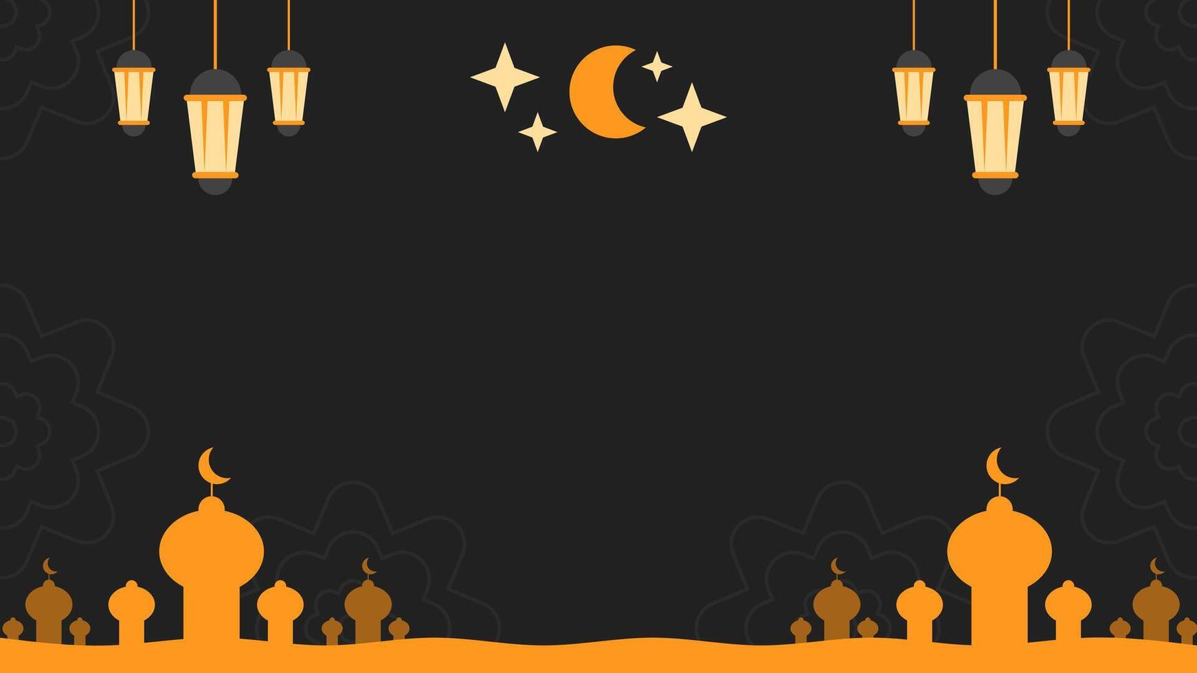 Illustration of Ramadan Kareem Banner Background with Arabic Lanterns, Crescent Moon, and Mosque Silhouette. Dark backdrop variant. vector