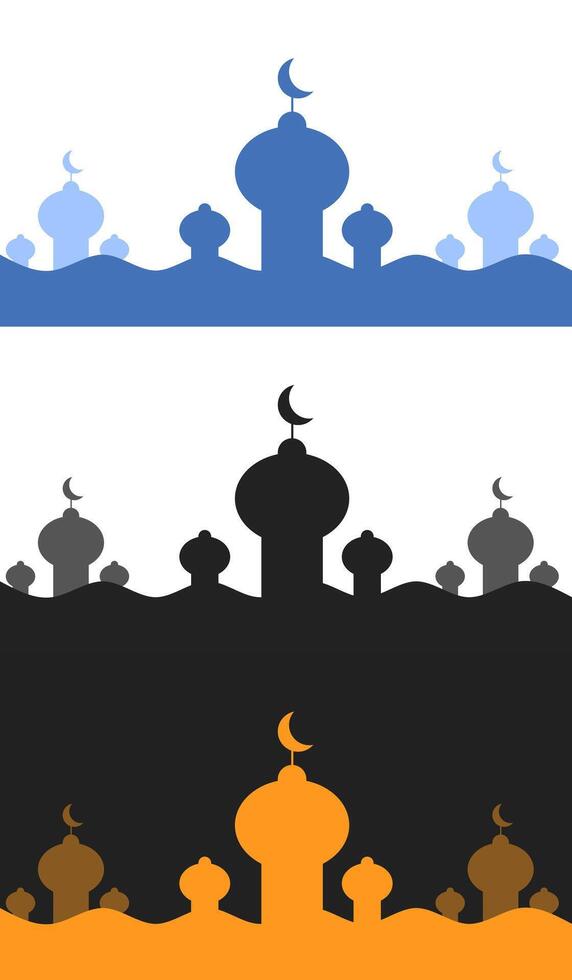 Illustration of mosque silhouettes in three color mode. Blue, black, and dark orange. vector