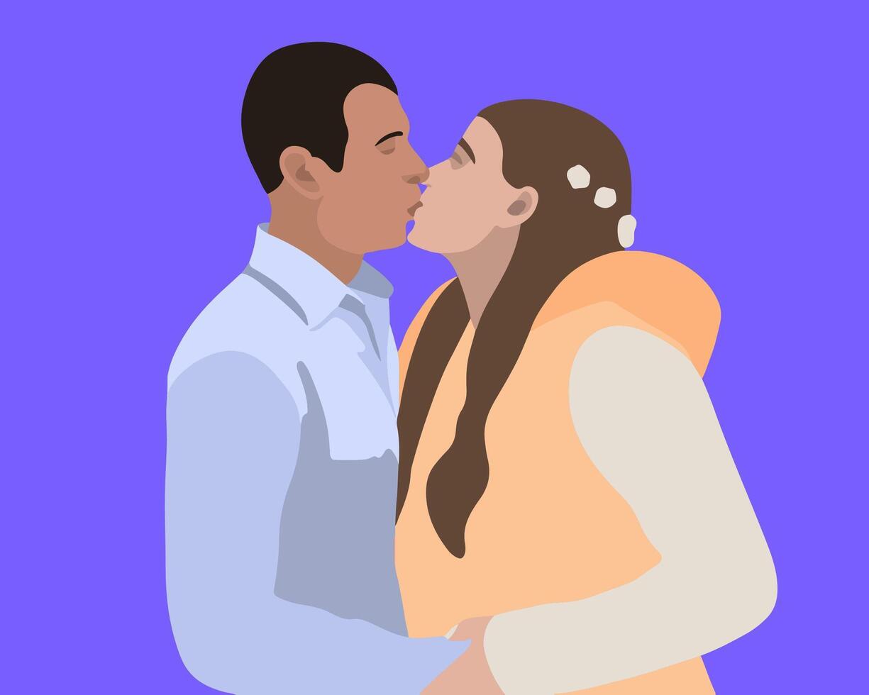 Vector isolated illustration of a kissing couple. Revealing a relationship with a kiss. A guy and a girl in love.