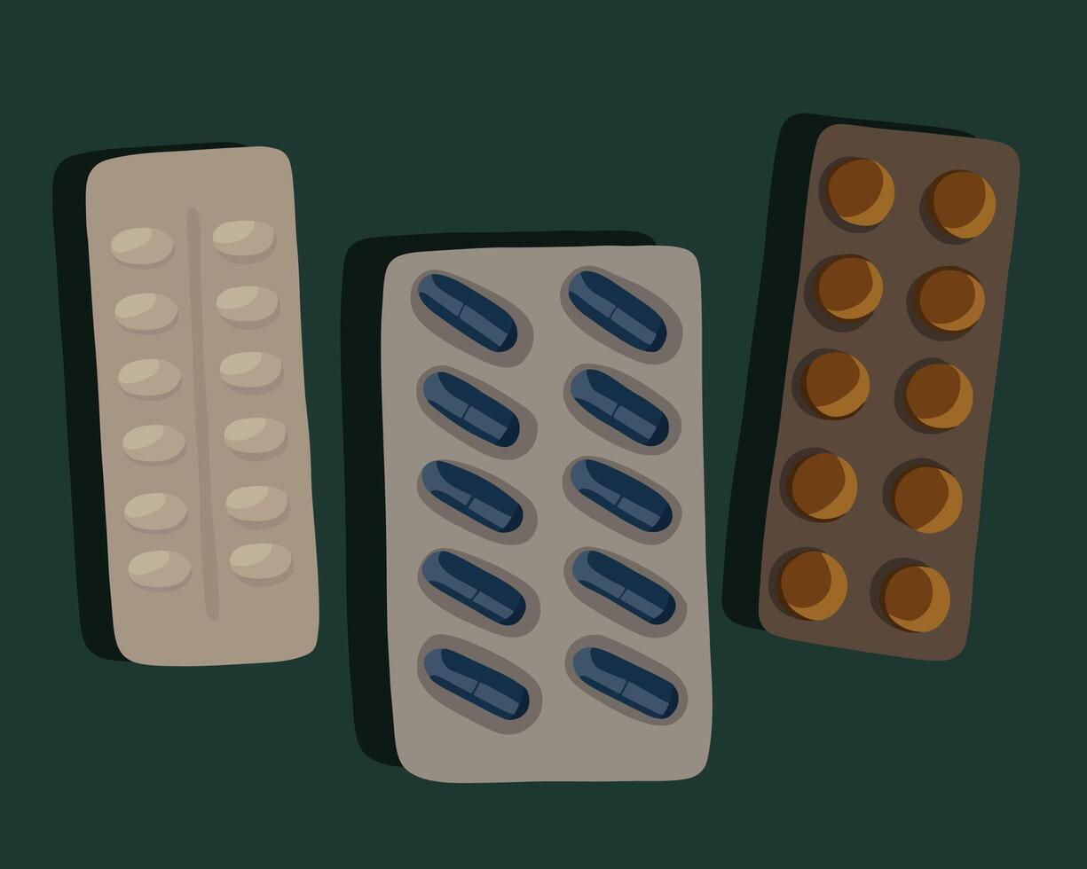 Vector isolated illustration of a set of pills. Different types of tablets in a package.