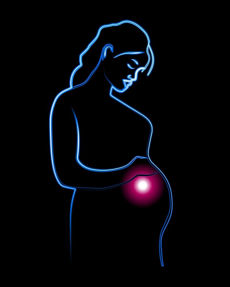 Vector isolated illustration of a pregnant woman. Contour drawing of a pregnant girl with a neon effect.