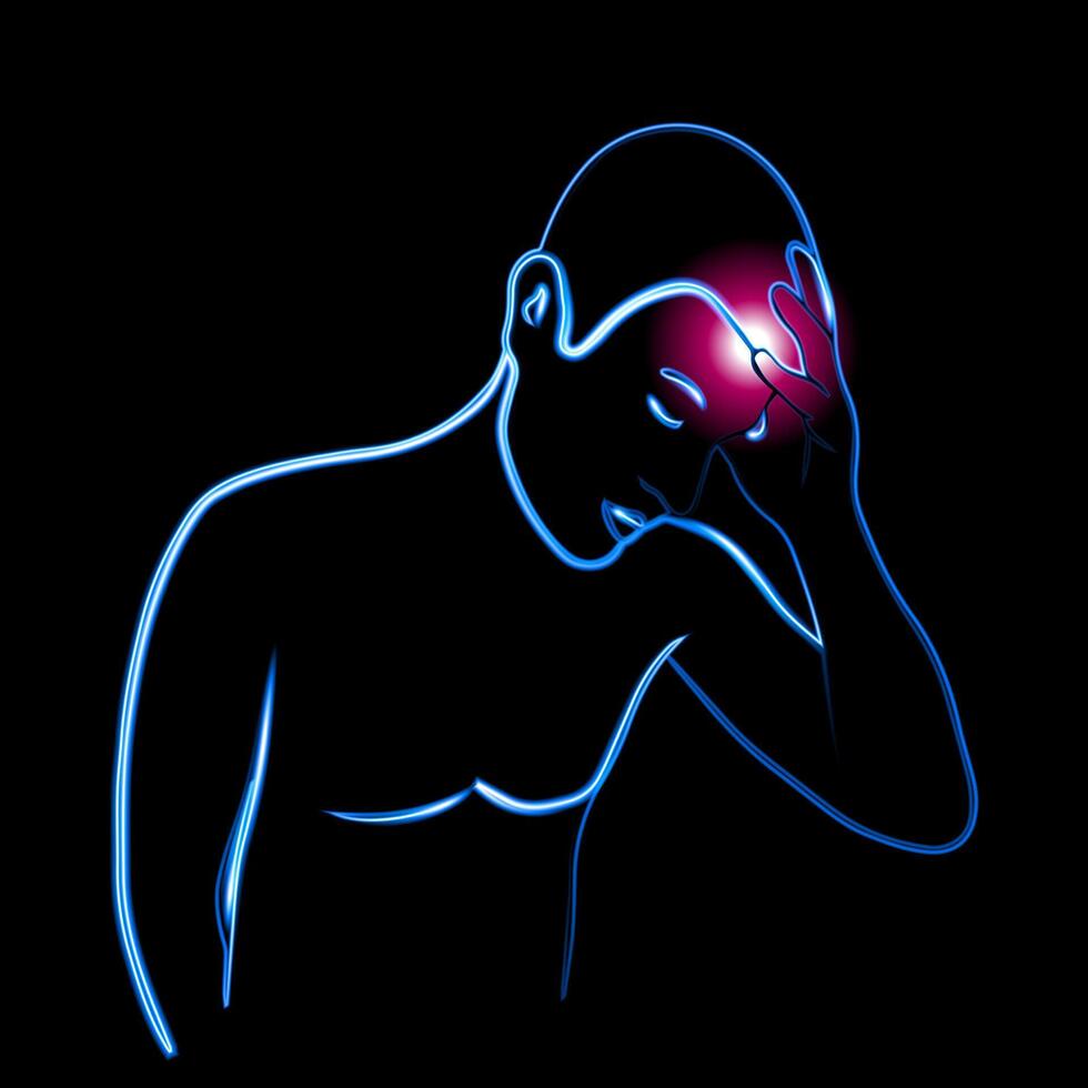 Vector isolated illustration of human headache. Neon outline drawing of a man holding his head. Migraine. The person fell ill.