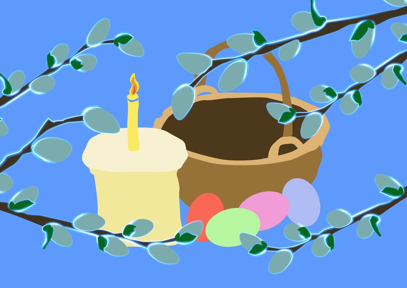 Easter still life with Easter cake, Easter eggs, basket, candle and willow branches. vector