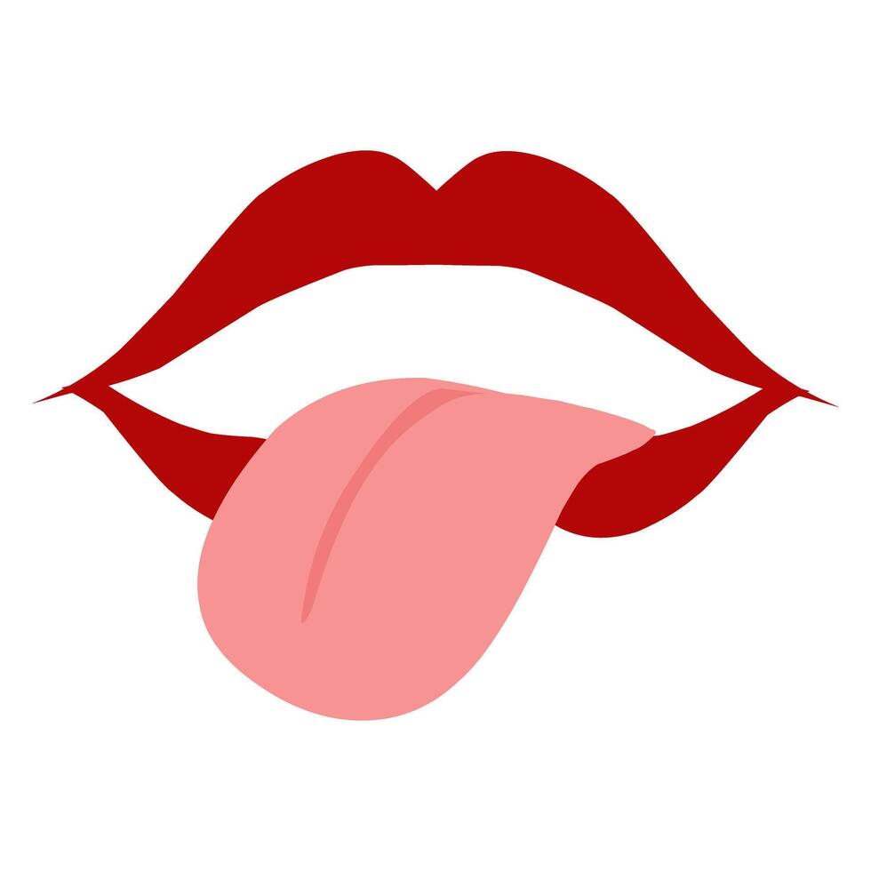 Design a red lip shape with the tongue out. Perfect for sticker, element psoter, banner, greeting card, invitation. vector