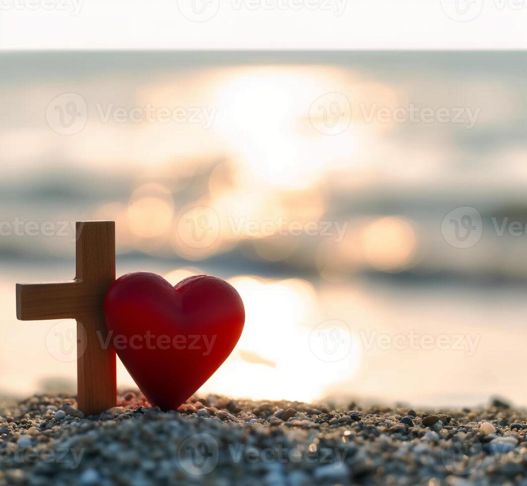 AI generated Red heart with wooden Christian cross on gravel floor in morning light photo