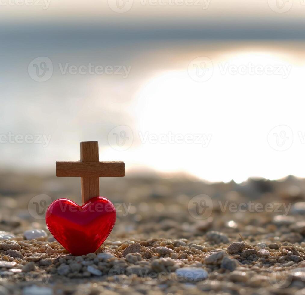 AI generated Red heart with wooden Christian cross on gravel floor in morning light photo