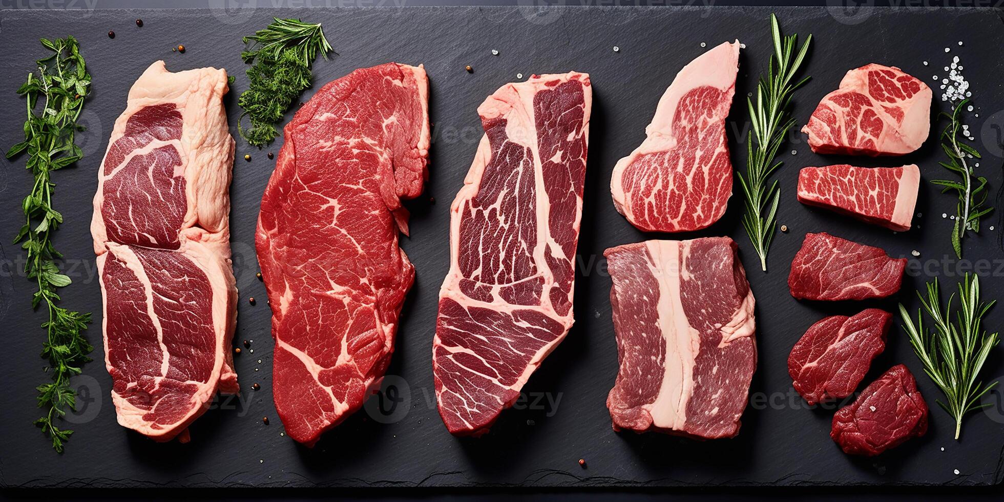 AI generated A set of juicy raw steaks and meats with spices and herbs. On a dark background. Flat lay photo
