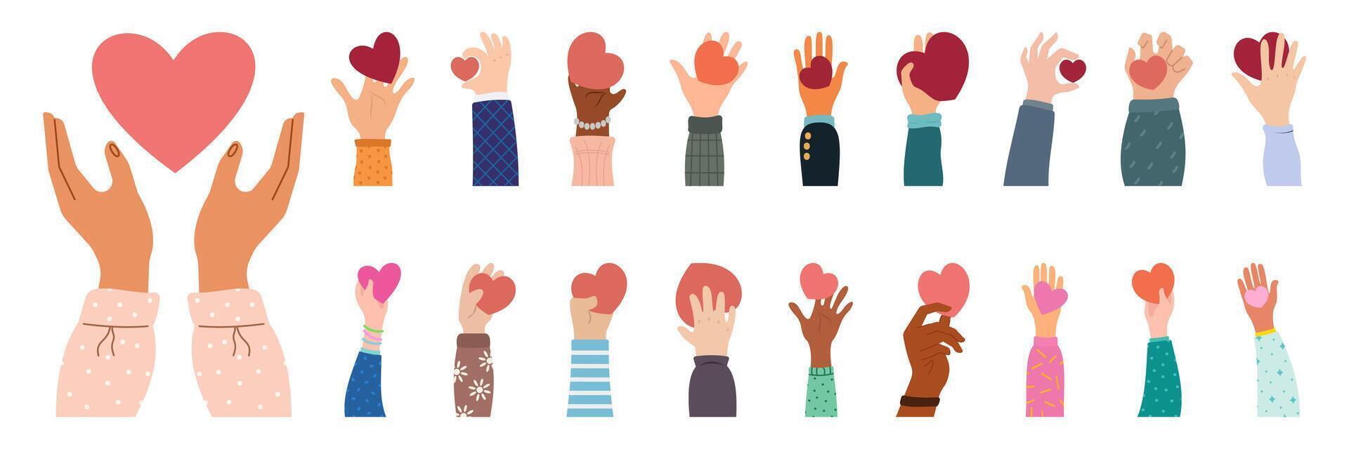 Heart holding by diverse hands set. Vector illustration concept for sharing love, helping others, charity supported by global community.