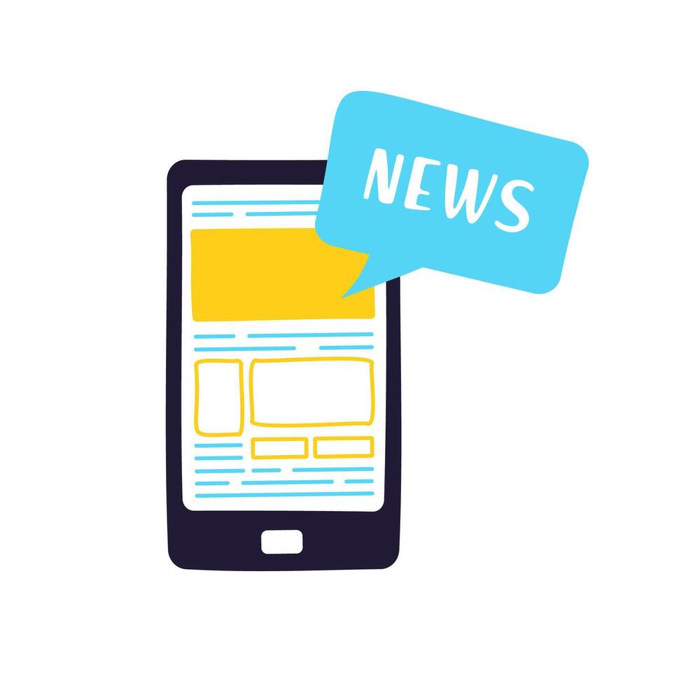 Breaking news set. Flat modern vector illustration of smartphone for online reading news in mobile phone app for a newspaper or magazine. Worldwide media in your device.