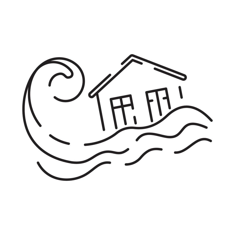 City flood line icon, climate change and ecology, water disaster vector icon, vector graphics, editable stroke outline sign, eps 10.