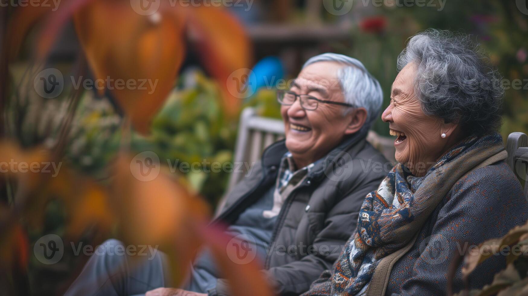 ai generado retrato de contento asiático mayor Pareja sentado y sonriente a parque. foto