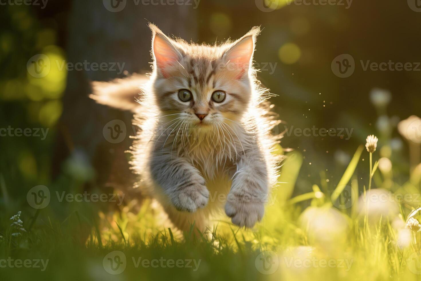 AI generated Cute playful kitten running across the lawn on a sunny summer day. Active pet playing on the green grass outdoors photo