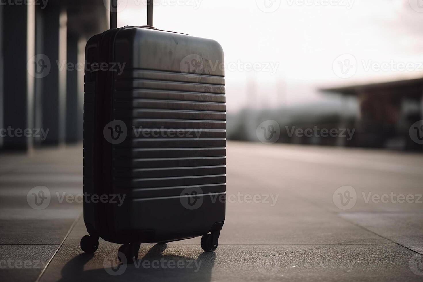 AI generated Tourism, vacation, trip concept. Large black travel suitcase, outdoor luggage with copy space photo