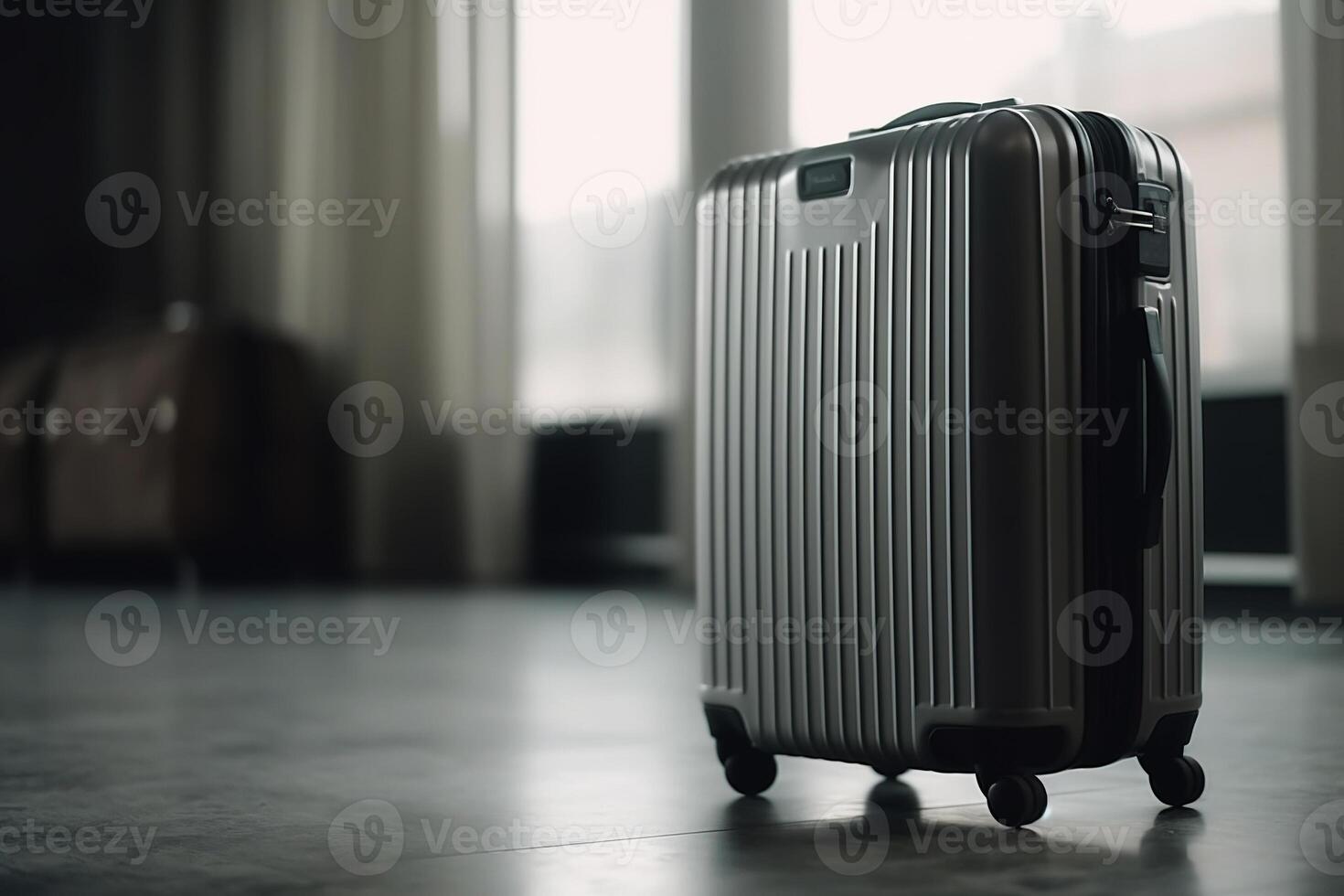 AI generated Black classic travel suitcase, indoor luggage with copy space. Tourism, vacation, trip concept photo