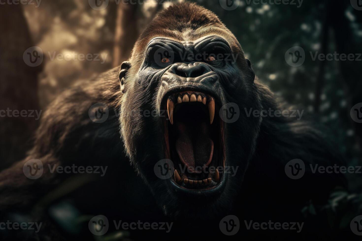 AI generated Portrait of screaming aggressive gorilla in jungle. Front view wild big monkey with open mouth and fangs in forest. Generative AI photo